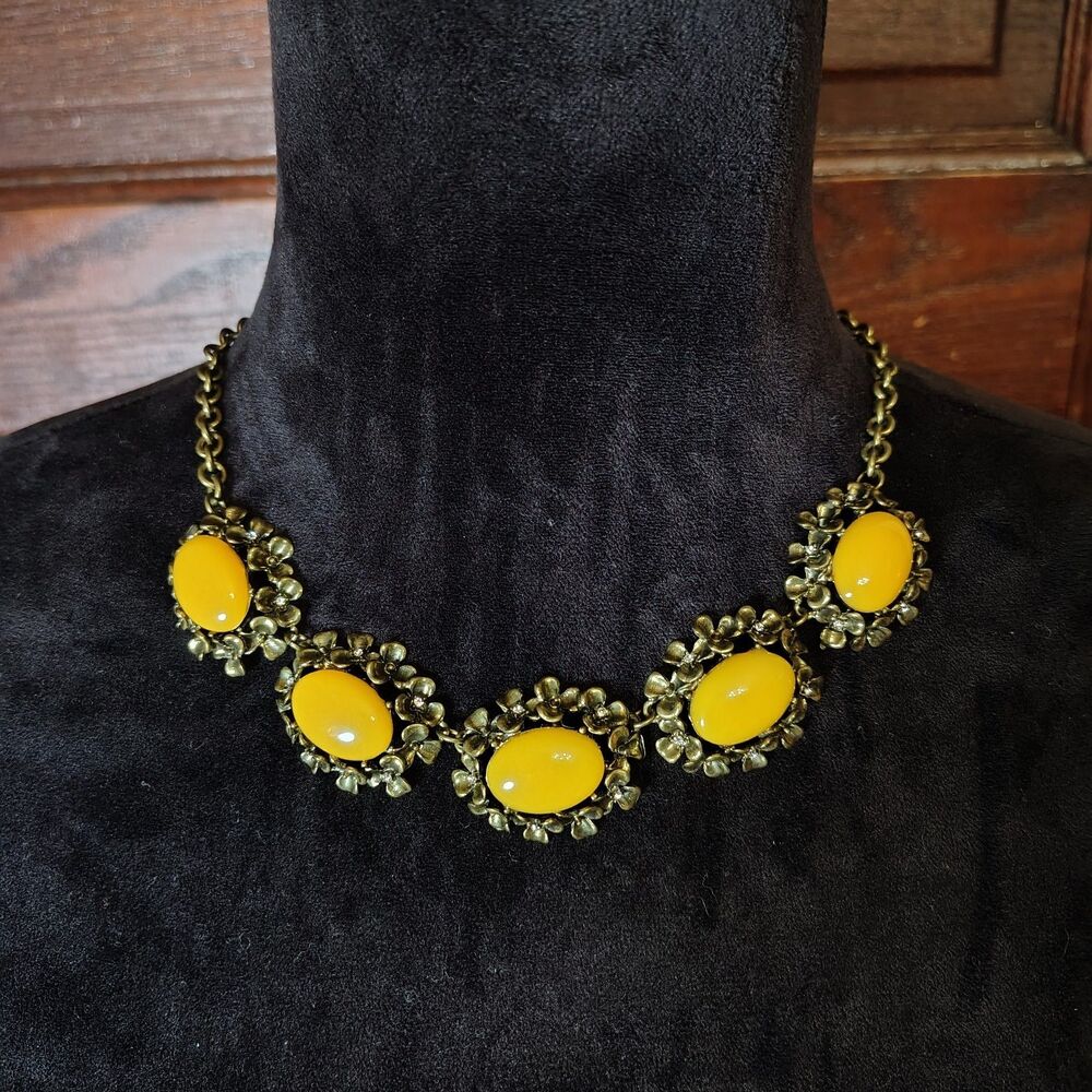 Y2K Statement Necklace W Yellow Oval Cabochons Antiqued Flower Filigree/J126